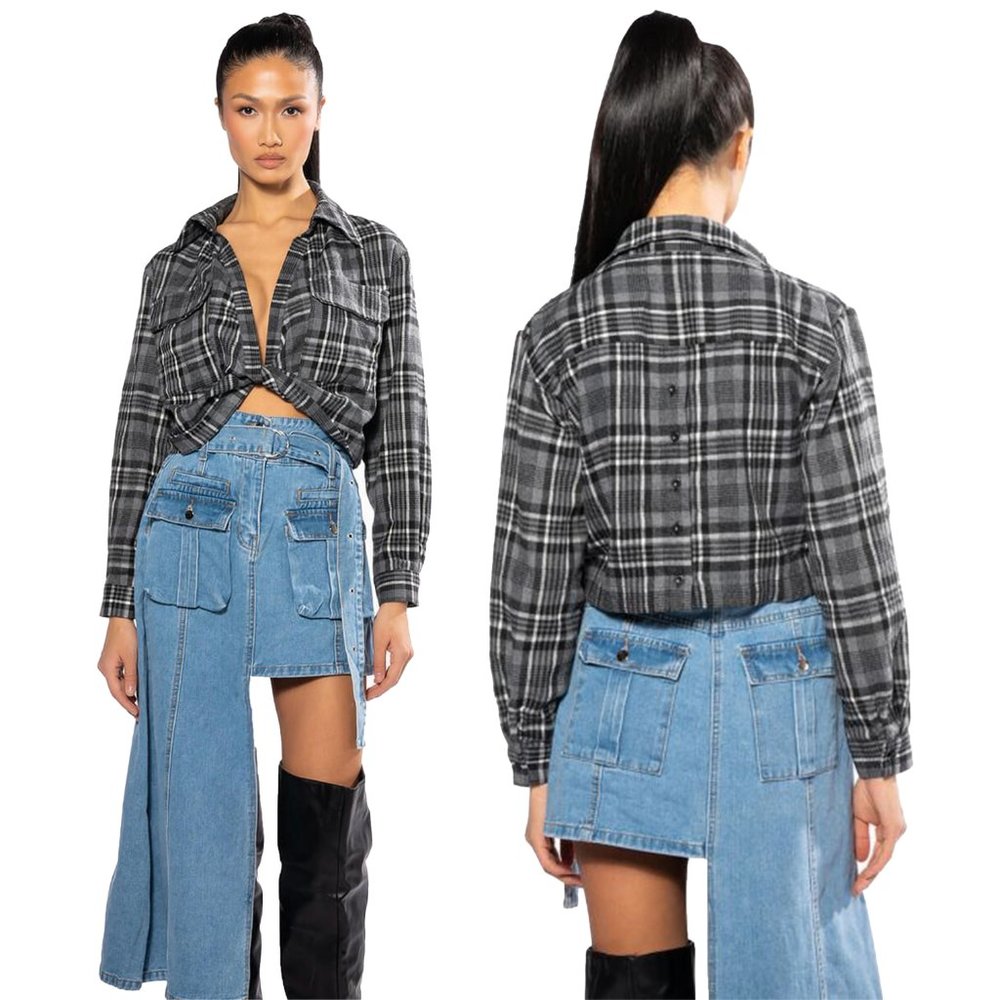 Stanton Womens Size L Gray Twist Front Hem Cropped Plaid Flannel Top